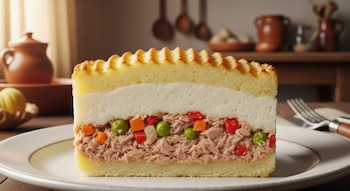 Corte transversal de pastel de papa con atún en un plato blanco. Se ven capas de puré de papa, atún desmenuzado, guisantes, zanahorias y pimientos rojos.
