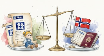 Una ilustración en acuarela muestra una balanza de la justicia con una muñeca y papeles del PANI en un plato, y un pasaporte con la bandera de Noruega en el otro.