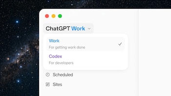 Ventana de aplicación con fondo estrellado. Contiene título ChatGPT Work, opciones Work con casilla marcada y Codex, e íconos de Scheduled y Sites