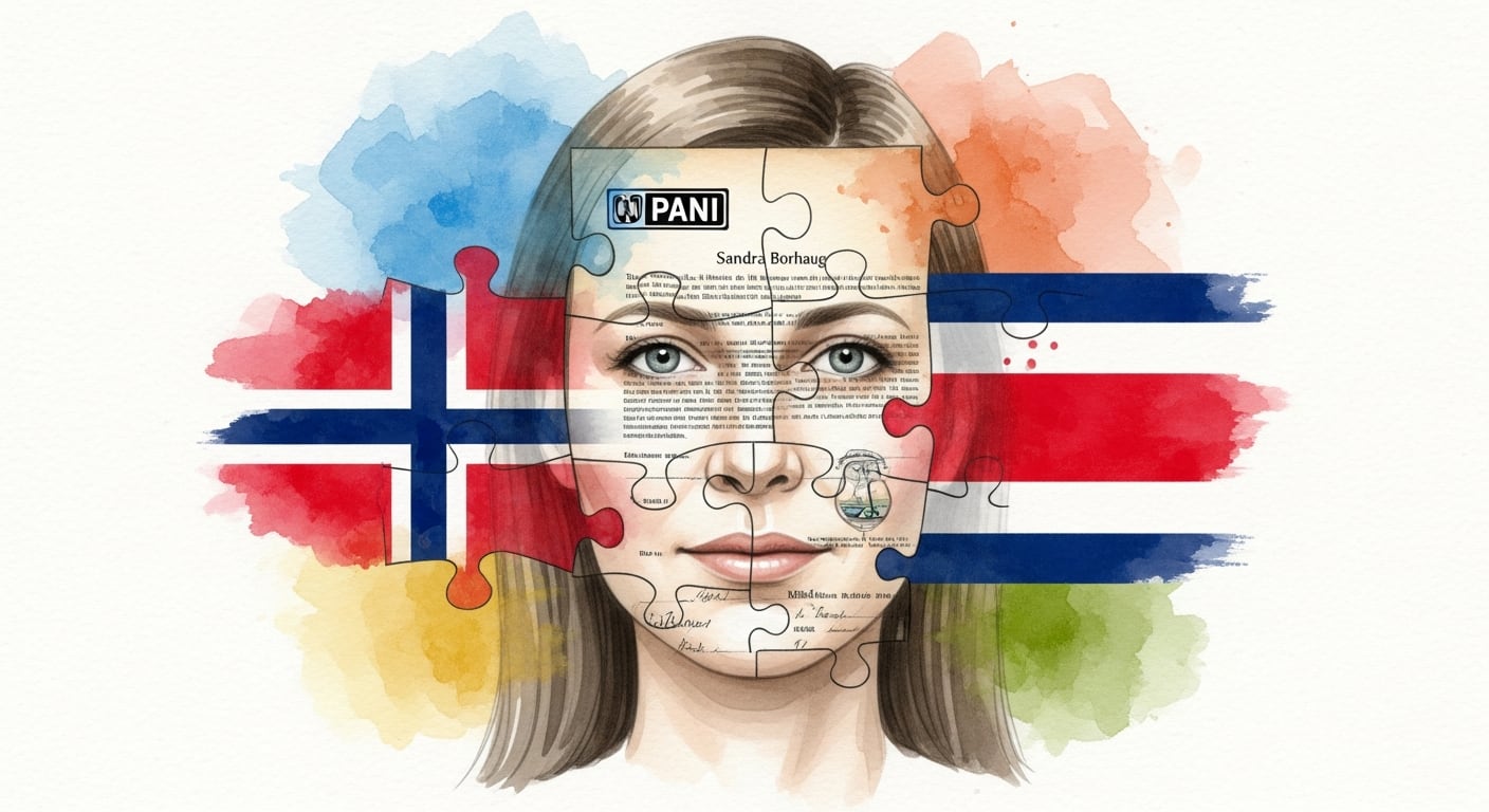 Ilustración acuarela de Sandra Borhaug con su rostro compuesto por piezas de un expediente PANI y documentos noruegos, enmarcado por las banderas entrelazadas de Noruega y Costa Rica, simbolizando la búsqueda de sus orígenes. (Imagen Ilustrativa Infobae)