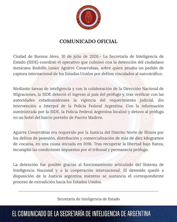 Comunicado de la Secretaría de Inteligencia de Estado (SIDE)