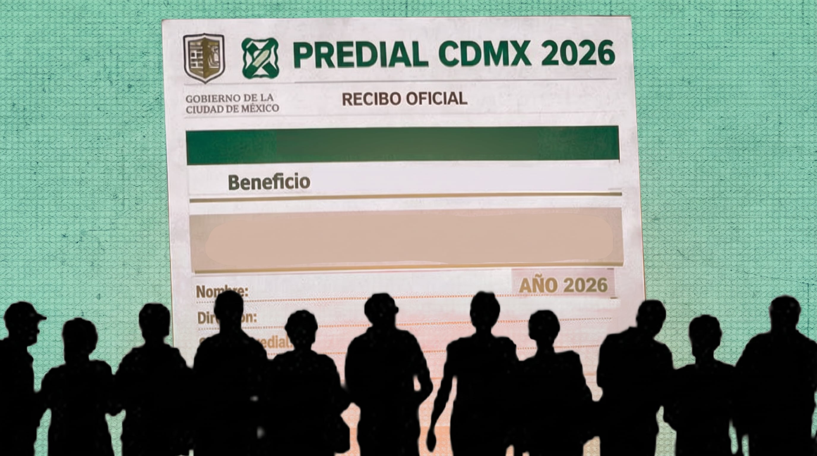 Un recibo oficial del impuesto predial de la Ciudad de México para el año 2026 se presenta junto a un grupo de siluetas de personas. (Imagen Ilustrativa Infobae)