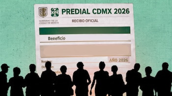 Siluetas negras de personas frente a un recibo del predial del Gobierno de la Ciudad de México sobre un fondo verde texturizado.