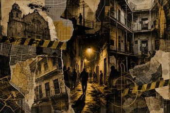 Collage digital de tono sepia con una iglesia, una vecindad con balcones de hierro, sombras humanas en un callejón y cintas de acordonamiento.