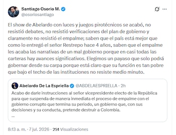 El representante a la Cámara reaccionó a la suspensión del empalme presidencial - crédito X