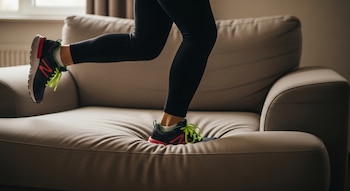 Primer plano de piernas con leggings negros y zapatillas deportivas negras, rosas y verdes vibrantes, moviéndose sobre un sillón beige, simulando correr.