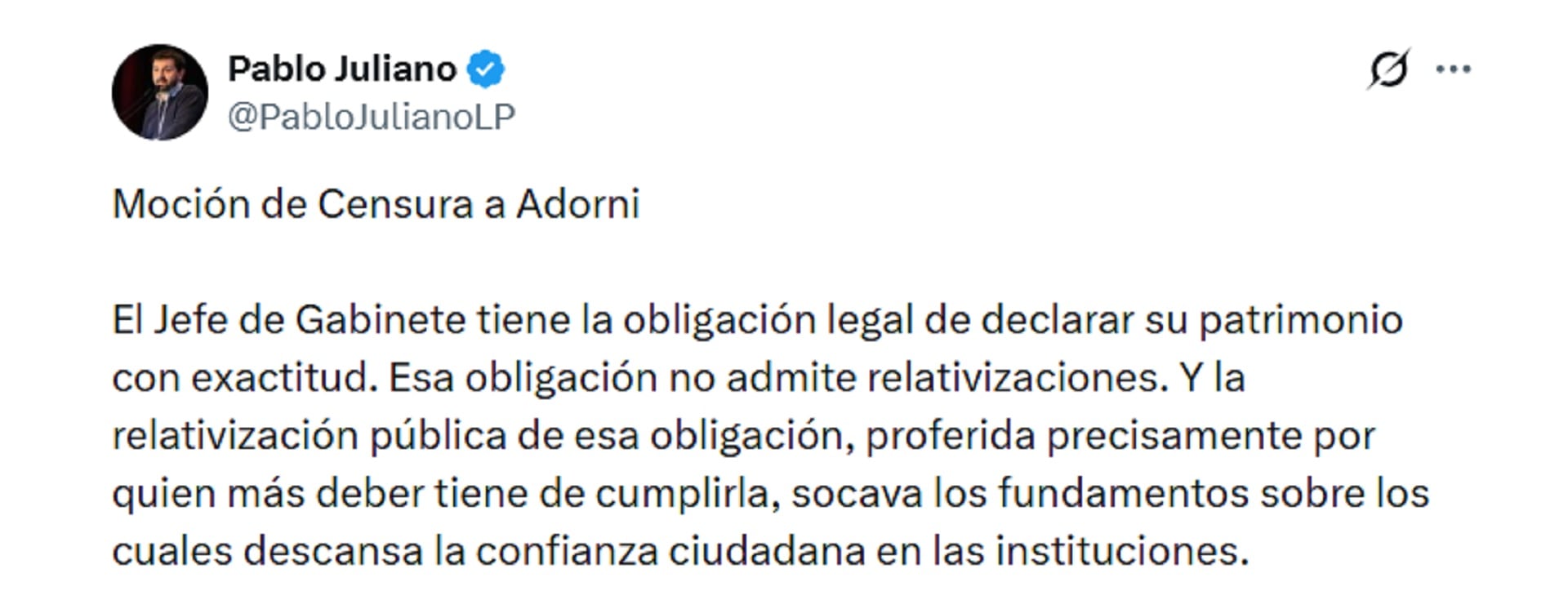 Pablo Juliano pidió la moción de censura contra Adorni