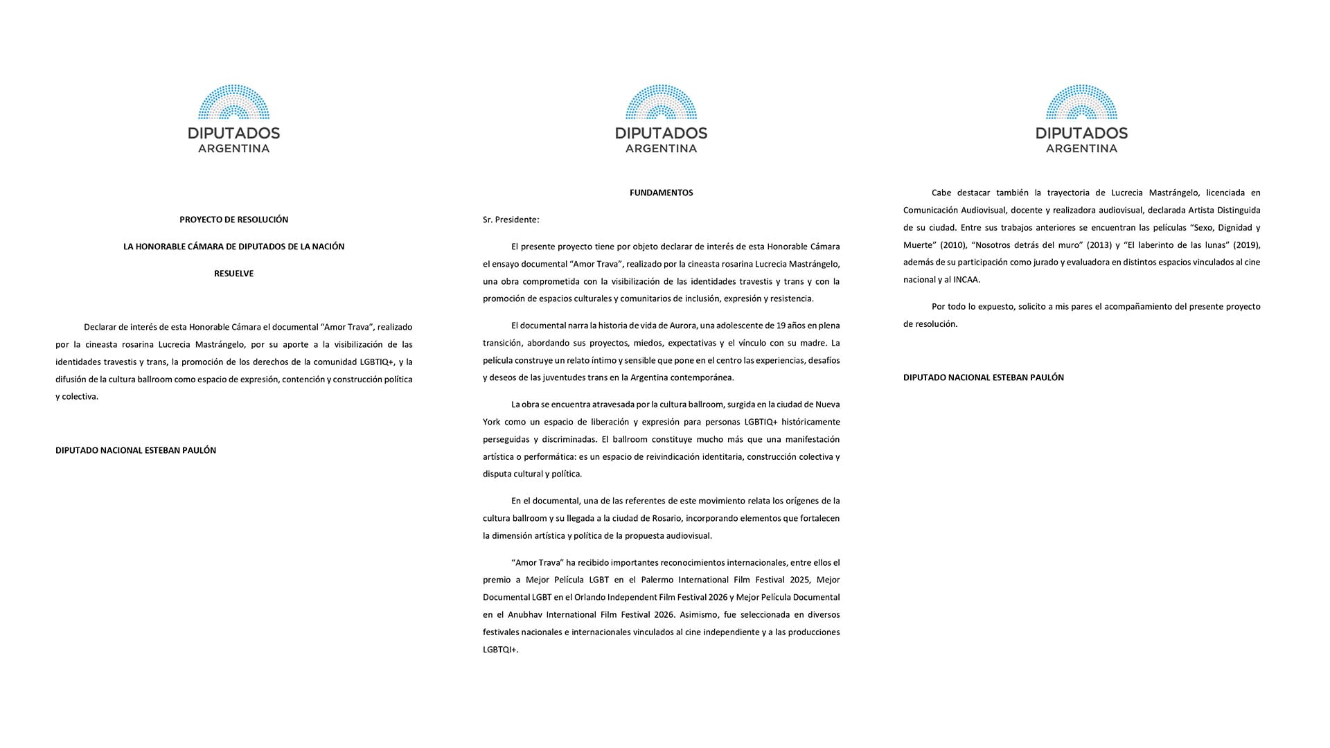 El proyecto legislativo, presentado por el diputado Esteban Paulón, para declarar de interés el documental