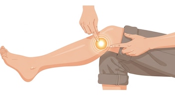 Una pierna humana desde la rodilla, dos manos con dedos aplicando presión sobre un punto marcado con un círculo luminoso. Se observa un pantalón enrollado.