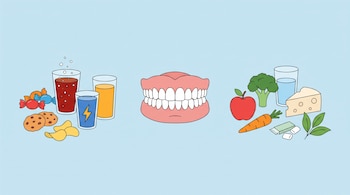 Dentadura, dulces, galletas, papas fritas, gaseosa, bebida energética, jugo, manzana, zanahoria, brócoli, queso, agua, chicle, té.