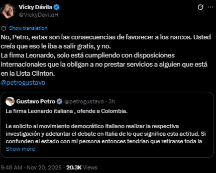 Vicky Dávila se despachó contra Gustavo Petro por polémica con la firma Leonardo Helicopters - crédito @VickyDavilaH