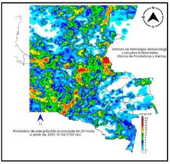 Así estará el clima en Colombia durante la semana del 6 al 9 de octubre del 2026, según el IDEAM. La escala de colores indica la cantidad de precipitación acumulada, y es medida en milímetros - crédito IDEAM