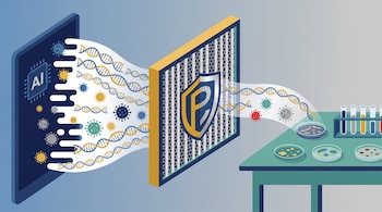 Pantalla con símbolo IA, secuencias de ADN y virus, filtro con escudo y letra P, mesa de laboratorio con tubos de ensayo y placas de Petri con bacterias.