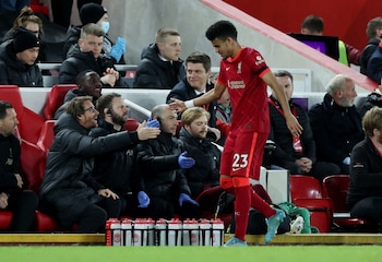 Soccer Football - Premier League - Liverpool v Manchester United - Anfield, Liverpool, Britain - April 19, 2022 Liverpool's Luis Diaz as he is being substituted REUTERS/Phil Noble EDITORIAL USE ONLY. No use with unauthorized audio, video, data, fixture lists, club/league logos or 'live' services. Online in-match use limited to 75 images, no video emulation. No use in betting, games or single club /league/player publications. Please contact your account representative for further details.