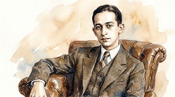 Pintura en acuarela de un joven con traje oscuro y corbata rayada, sentado en un sillón de cuero marrón con brazos ornamentados, sobre un fondo claro.