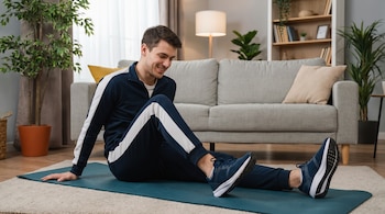 Hombre joven de pelo castaño con sudadera y pantalón deportivo azul y blanco sentado en una esterilla azul sobre una alfombra gris en una sala.