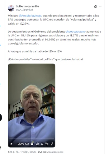 El exministro Guillermo Jaramillo cuestionó a Ana María Vesga, nueva ministra de Salud, por indicar que el aumento de la UPC para 2027 debería ser de entre el 12% y el 13% - crédito @GA_Jaramillo/X