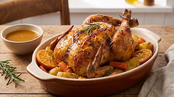 Pollo asado a la naranja en una fuente con patatas, zanahorias, romero y rodajas de naranja, acompañado de un cuenco con salsa sobre una mesa de madera.