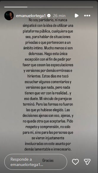 Emanuel Ortega rompió el silencio tras las declaraciones de Julieta Prandi