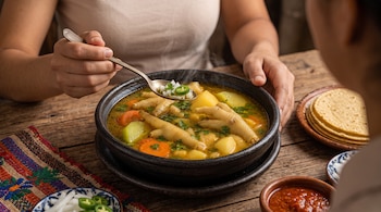 Cuenco con caldo de patas de pollo, papa y zanahoria sobre una mesa de madera, junto a tortillas, recipientes con salsa y una cuchara.