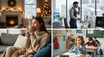 Collage de cuatro imágenes mostrando personas bebiendo en interiores durante el invierno: mujer en casa, hombre en oficina, niños en aula. Nieve artificial.