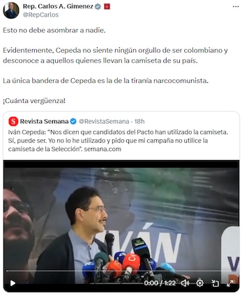 Carlos Giménez arremetió contra Iván Cepeda y lo acusó de seguir “la tiranía narcocomunista” - crédito @RepCarlos/X