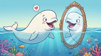 Ilustración de un delfín beluga blanco sonriente nadando frente a un espejo con marco dorado en el fondo del mar, con corales y peces.