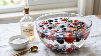 Bodegón de un tazón de vidrio con fresas, moras, arándanos y frambuesas en agua burbujeante. Al lado, una botella de vinagre de manzana y un tazón con bicarbonato de sodio
