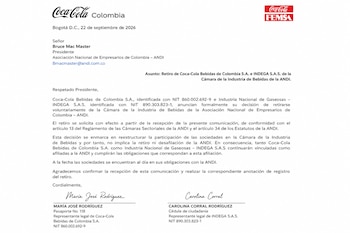 La comunicación oficial se envió el 22 de septiembre de 2025 al presidente de la Andi, Bruce Mac Master - crédito Coca Cola/Femsa