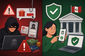 Ilustración dividida entre un sujeto encapuchado ante una computadora y una mujer que usa su teléfono frente a un edificio con la bandera de Perú.