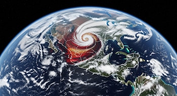 Vista satelital de la Tierra. Una gran tormenta ciclónica roja y blanca con un ojo se cierne sobre México, cuyas fronteras están delineadas. Fondo de espacio oscuro con estrellas.