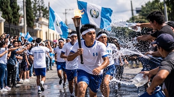 Un joven corre con una antorcha encendida junto a otros corredores y banderas de Guatemala mientras personas a los lados les arrojan agua.
