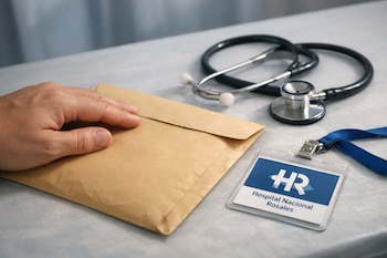 Una mano adulta reposa sobre un sobre manila sellado junto a un estetoscopio y una credencial del Hospital Nacional Rosales en una mesa clínica.