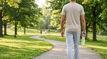 Un hombre en ropa deportiva camina por un sendero de un parque mientras lleva una botella de agua transparente.