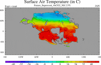 Imagen animada que muestra las temperaturas medias mensuales del aire en superficie (grados Celsius) de la Tierra dentro de 250 millones de años en el futuro, cuando todos los continentes se fusionen para formar el próximo supercontinente (Pangea Ultima), donde las temperaturas serán mucho más cálidas que las actuales.
Crédito: Universidad de Bristol