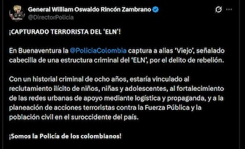 El operativo del Bloque de Búsqueda permitió detener a un hombre de 25 años, identificado como hombre de confianza de alias Marcos Pacífico dentro del ELN - crédito @DirectorPolicia / X