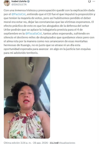 La senadora Zuleta se refirió al caso del expresidente Uribe el viernes 28 de agosto de 2026 - crédito @ISAZULETA/X