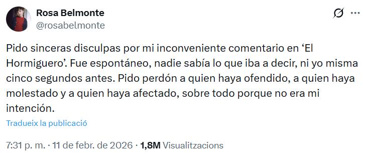 La colaboradora del programa, quien insultó a la periodista en directo la noche del lunes, ha publicado sus disculpas en X. / Captura de pantalla