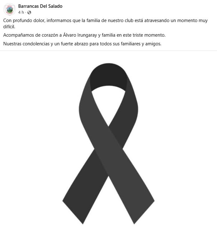 El club Barrancas del Salado expresó su conmoción y condolencias por la muerte de Damián Irungaray