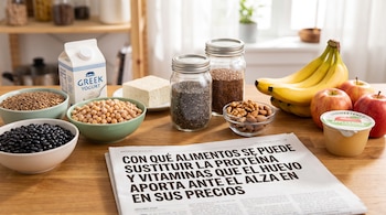 Cuencos con legumbres, frascos con semillas, yogur, tofu, frutos secos, frutas y un periódico impreso sobre una mesa de madera.