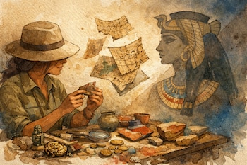Una ilustración de acuarela muestra a una arqueóloga con sombrero examinando artefactos antiguos en una mesa, con papiros flotando y la silueta de Cleopatra a la derecha.