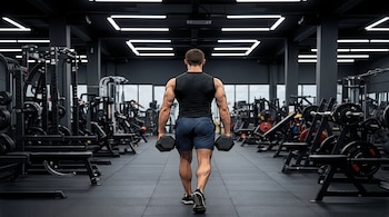 Un hombre de espaldas camina en un gimnasio con piso gris y paredes negras, sostiene una mancuerna en cada mano, máquinas de ejercicio a los lados, luces en el techo.