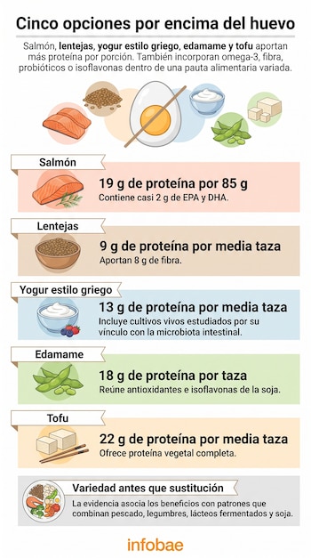 Infografía con ilustraciones de un huevo, salmón, lentejas, yogur griego, edamame y tofu junto a datos de su contenido de proteína.