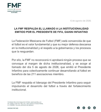 Postura oficial de la FMF donde reafirmó su respaldo a Infantino frente a la FIFA (FMF)