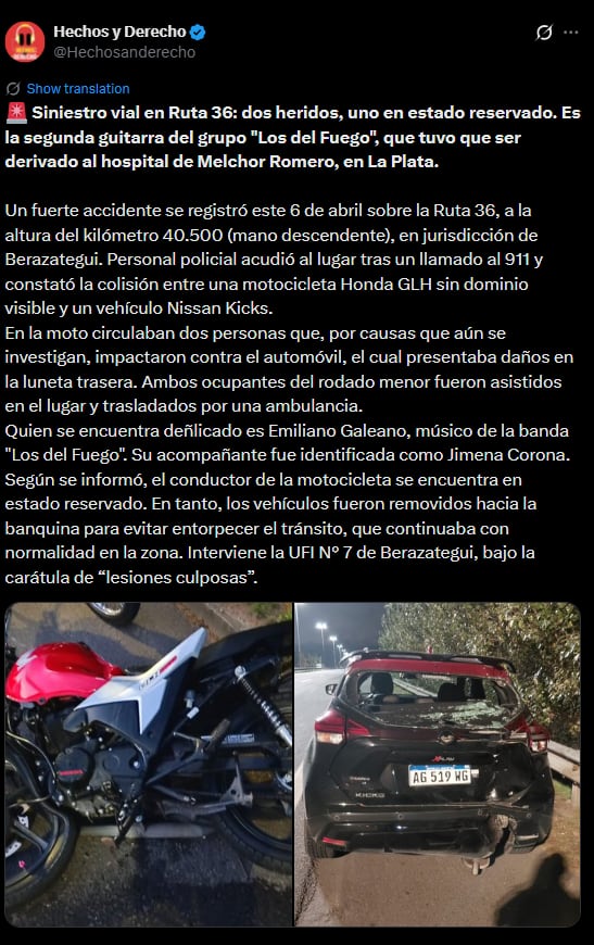 Las imágenes del siniestro en el que estuvo involucrado el guitarrista de la banda (X)