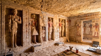 Interior de una cámara funeraria con múltiples estatuas de piedra en nichos, paredes decoradas con jeroglíficos pintados, suelo arenoso y herramientas de excavación.
