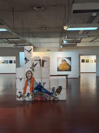 Instalación de arte contemporáneo con un niño, pájaros y setas pintados sobre cubos blancos apilados, exhibida en una galería de paredes claras