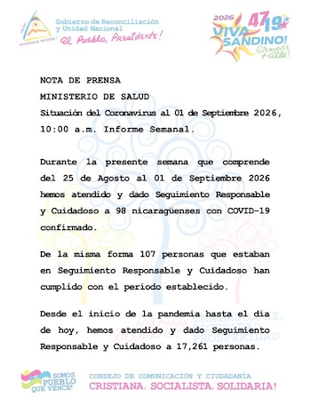 El comunicado del Ministerio de Salud de Nicaragua reportó 98 casos confirmados de COVID-19 entre el 25 de agosto y el 1 de septiembre de 2026 (Cortesía: Canal 4).