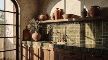 Cocina con azulejos verdes cuadrados, gabinete de madera, fregadero con grifo de cobre, estante de madera con jarrones de cerámica y ventana arqueada.