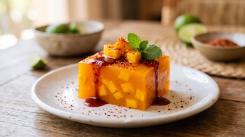 Trozo de gelatina de mango decorado con cubos de fruta, salsa roja, chile en polvo y menta sobre un plato en una mesa de madera.